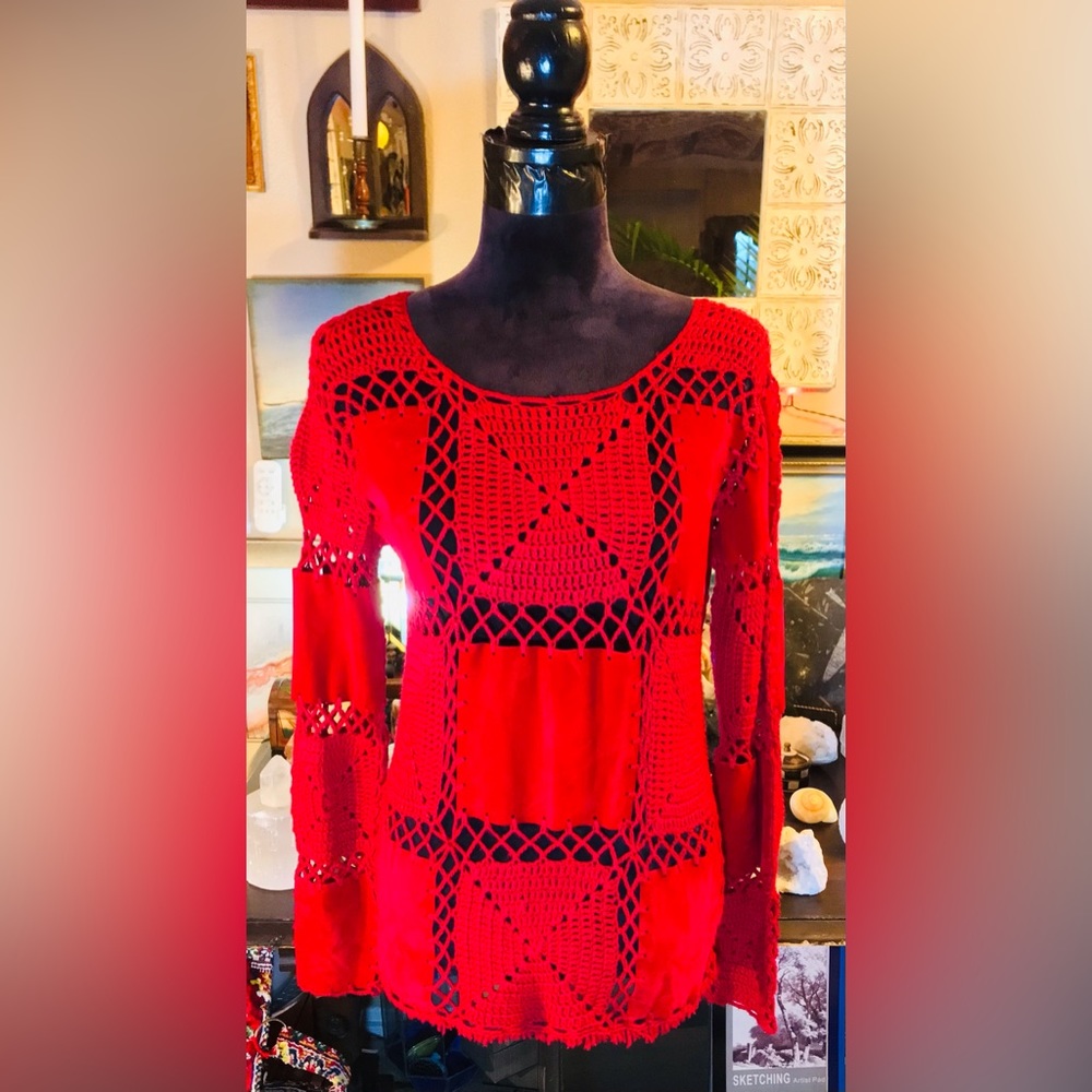 Vintage Holiday Heart Red Bohemian Crocket Patch Hippie Day Trip Fall Sweater S
